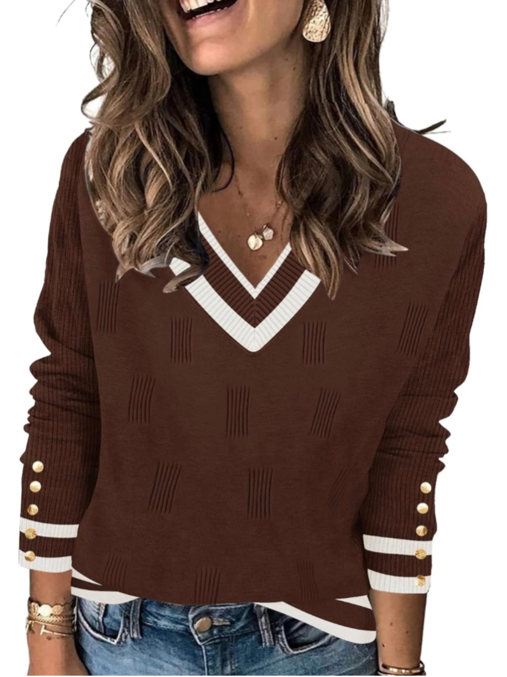 Akewei Women’s V-Neck Knit Sweater Brown White Tipping Gold Button Cuffs Large